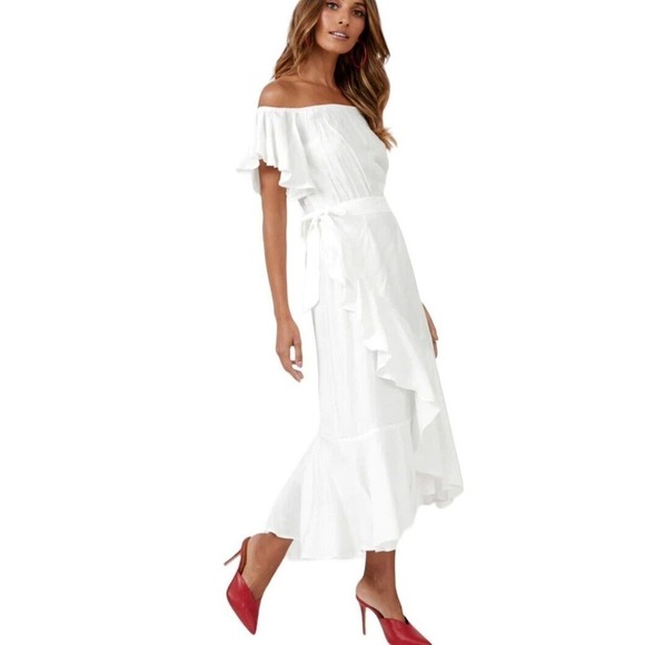 City Chic White Off the Shoulder Maxi Dress Size 16 Wrap Waist Tie Ruffle Hem - Picture 1 of 15